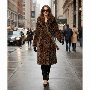 Rebecca Minkoff Faux Fur Leopard Wrap Coat w/ Hood • Luxe Belted Winter Coat NWT